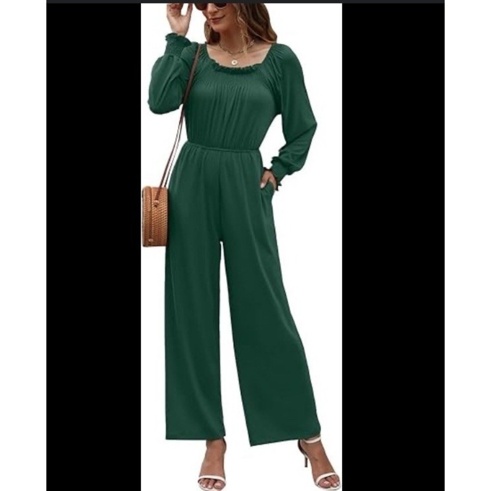 Tanou Jumpsuit Women M Green New Smocked Square Neck Wide Leg Long Sleeve